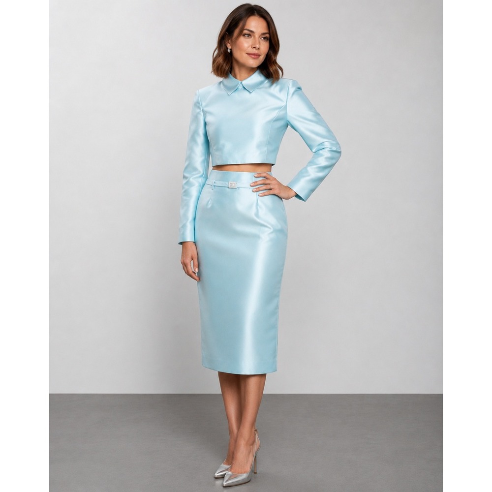 Karen Millen Satin Twill Cropped Wrap Jacket and Skirt Set Pale Blue US 4 NEW